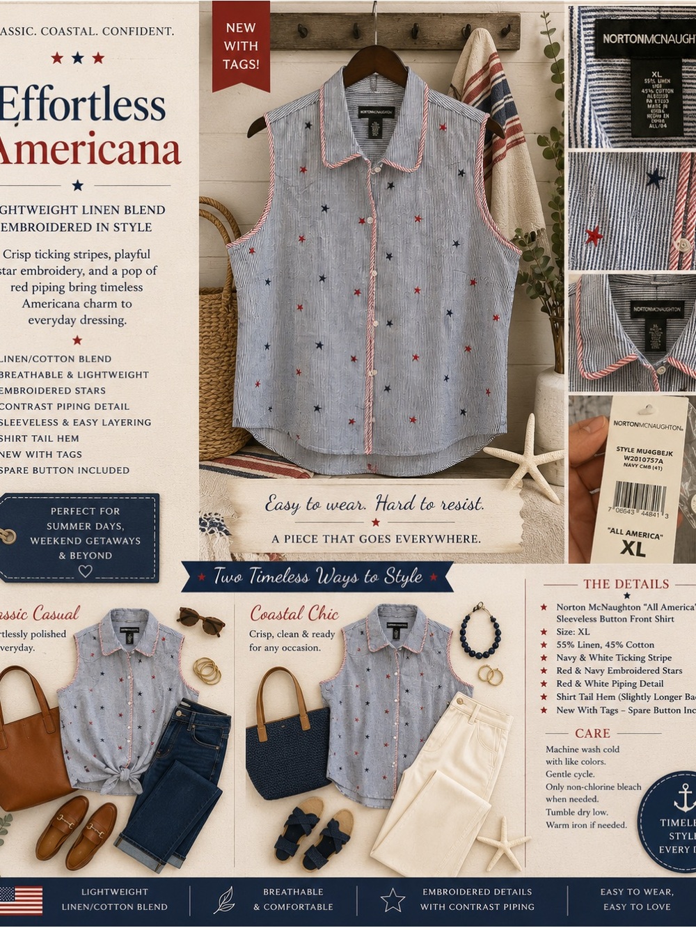 Classic Coastal Americana Sleeveless  Linen Shirt